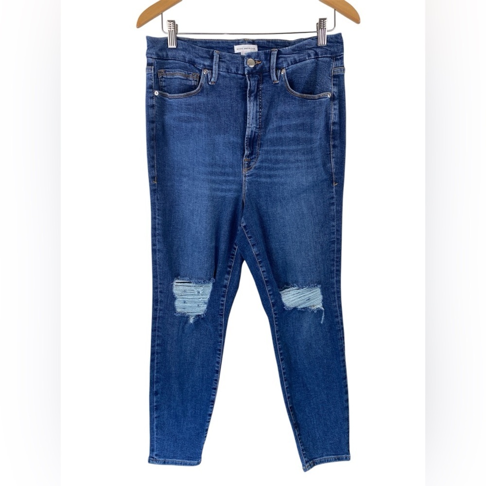 Good American High-Rise Distressed Skinny Jeans Women’s Size 15 Indigo Stretch